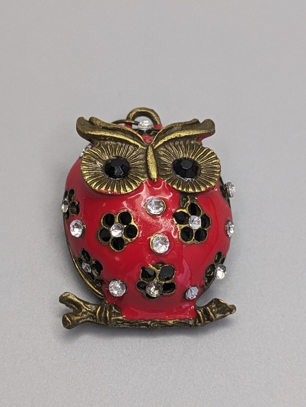 Vintage Bronze Enamel Owl Pendant Hollow Two Piece Boho Collectible Jewelry 70s